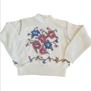 Vintage Liz Sport Petite SM Knit Sweater Cream Floral Embroidery Grannycore Y2k